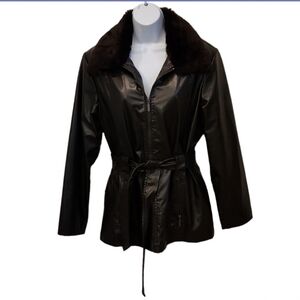 Woman's Black Faux Leather Jacket with Fur Collar